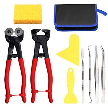 Imagem de SPEEDWOX Kit de ferramentas de mosaico de 10 peças, alicate de corte de azulejo de vidro resistente, com pinças, raspadores, gancho duplo, espátula, esponja, couro, zíper, bolsa para vitrais