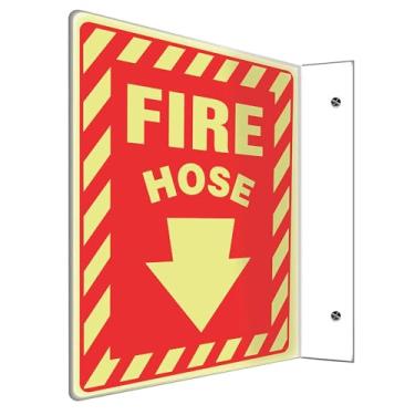 Imagem de ACCUFORM SIGNS PSP409 Sinal de projeção 90D, lenda "mangueira de fogo (seta)", painel de 30 x 22 cm, plástico Lumi-Glow de alto impacto de 0,10 polegadas de espessura, furos de montagem pré-perfurados, brilha em vermelho