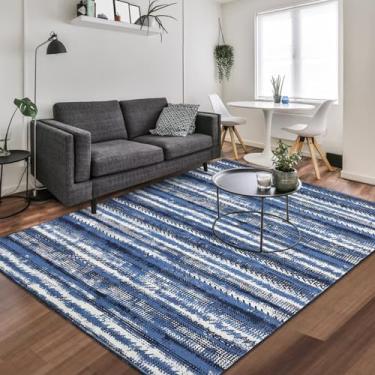 Imagem de FairOnly Tapete de área 12 x 17 cm, super macio, ultrafino, moderno, lavável, tapetes antiderrapantes para sala de estar, sala de jantar, berçário, dobrável, geométrico, lavável à máquina, azul