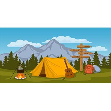Imagem de BELECO Pano de fundo de acampamento com desenho animado, 6 x 3 metros, cenário de floresta e montanha, tema de barraca de acampamento ao ar livre, tema de festa de aniversário, cenário de caminhada,