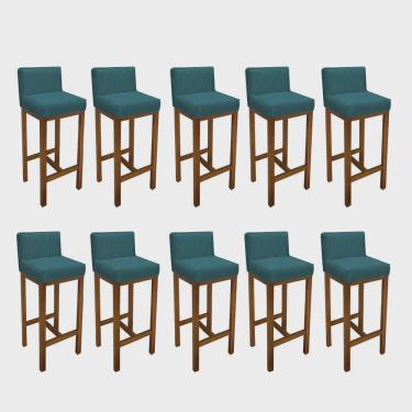 Imagem de Kit 10 Banqueta Alta Com Encosto Loren Cozinha Balcão Bistrô Base Madeira Carvalho Suede Azul Turquesa - Ahz Móveis