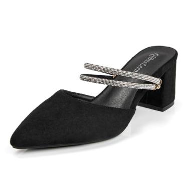 Imagem de qibusleen Sandálias femininas pretas fechadas de salto bloco salto baixo grosso mules sandálias femininas de camurça pontiaguda com tiras duplas de strass conforto festa casamento namoro sapatos