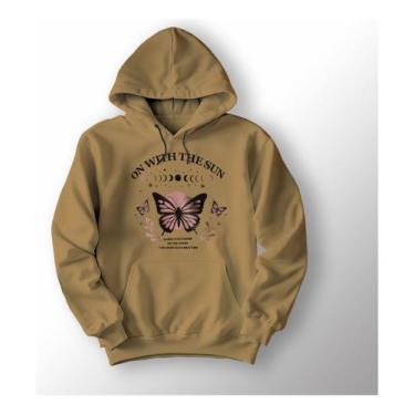 Imagem de Blusa Moletom Canguru Bolso Borboletas Fases Da Lua - Lobo Sete, Bege,