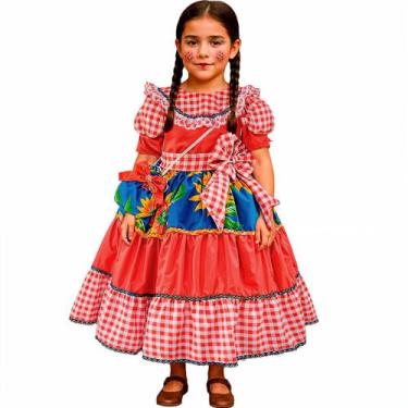 Imagem de Vestido Festa Junina Infantil de Luxo Xadrez Vermelho Longo com Bolsa 