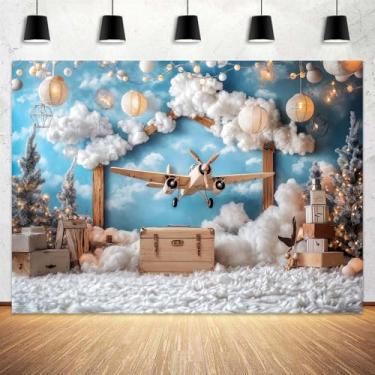 Imagem de 2,1 x 1,5 m pano de fundo de aniversário de avião brinquedo de madeira avião céu azul aventura tema menino festa de aniversário fotografia fundo viagem mala infantil recém-nascido chá de bebê cabine