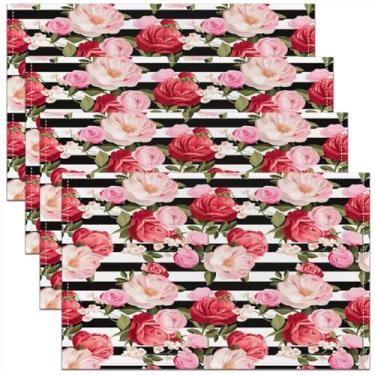 Imagem de meiyoeat Jogo americano rosa conjunto de 45,7 cm x 30,5 cm tapetes de mesa com listras florais para crianças, meninos, meninas, adolescentes, jardim, flor, decoração de cozinha, mesa de jantar