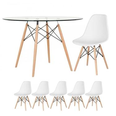 Imagem de Mesa Redonda Eames 120cm + 5 Cadeiras Branco