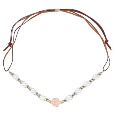 Imagem de MAYJOYDIY Chapéu feminino de flor de pérola, faixa de chapéu com contas de flor de cerejeira vintage, tiras de couro ajustáveis para boné de beisebol, chapéu de palha e sol, sombrero, chapéus de aba