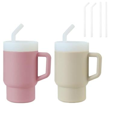 Imagem de PandaEar Pacote com 2 copos infantis de silicone com canudo e alça, copo de treinamento à prova de derramamento de 270 ml para bebês, livre de BPA, fácil de limpar - cinza/rosa