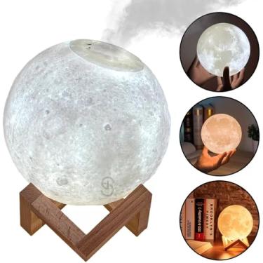 Imagem de Luminária Lua 3D com Umidificador de Ar, 800ml, 3 Cores LED, Base de Madeira, 14x14x15cm