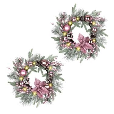 Imagem de Guirlanda de Natal rosa para decoração de porta de Natal de 50 cm, conjunto de 2 com bolas de Natal, pinhas, galhos dourados, agulhas de pinheiro e frutas prateadas, perfeita para porta da frente, uso