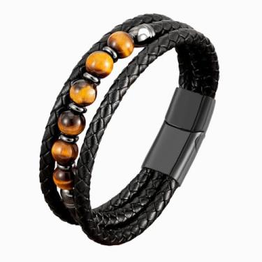 Imagem de FYNSBLE Pulseira de couro preto para homens, olho de tigre natural/lápis-lazúli/ônix preto/malaquita multicamadas pulseira de couro trançado com contas presente para homens pai com fecho de aço