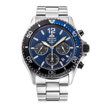 Imagem de Relógio masculino Orient Mako Solar 20º aniversário pulseira de aço com mostrador azul RA-TX0208L10B, Azul, pulseira