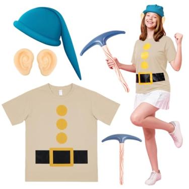 Imagem de Chicingyou Conjunto de fantasia de anão de Halloween, camiseta de anão, chapéu de gnomo, orelhas falsas, picareta para festa, cosplay, acessórios de fantasia de gnomo, Azul, cáqui, X-Large