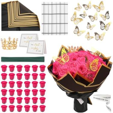 Imagem de Ovveroche Kit de buquê de rosas com glitter, 36 peças, arranjo de flores brilhantes rosa choque com hastes, borboletas, coroa, papel de embrulho, cartão, fita para casamento, dia das mães, aniversário