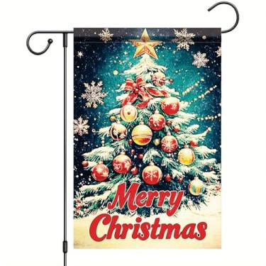 Imagem de Saoplasa Bandeira de jardim de Natal 30,5 x 45,7 cm, árvore de Natal, enfeites de ouro vermelho, flocos de neve, topo de estrela, inverno, exterior, pátio, varanda, gramado, banner para decoração de