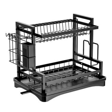 Imagem de Escorredor de Louça Premium 2 Andares em Aço Carbono, Suporte para Pratos, Talheres e Copos, Base ABS, Sistema de Drenagem, 44 x 31 x 13 cm, Preto