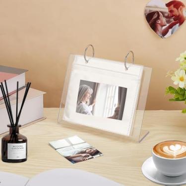 Imagem de Álbum de fotos de acrílico de 12,7 cm transparente vertical, pequeno álbum de mesa familiar com 68 fotos com suporte de exibição de mesa com moldura