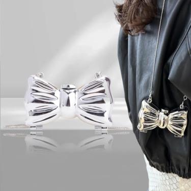 Imagem de Mini bolsa de noite feminina brilhante estruturada com alça de corrente, bolsa de ombro moderna com laço estrela para casamento, Prata