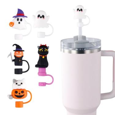 Imagem de 5 peças de tampa de palha de Halloween, 3D bonitos topos de palha de silicone de outono para tampas de ponta de abóbora fantasma de 10 mm para copo Stanley Cup 30/1,134 g