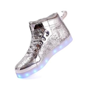 Imagem de PYYIQI Tênis de LED com glitter, cano alto, feminino, masculino, piscando, para festa de Natal, Halloween, com carregamento USB, Prata, 10 Women/9 Men