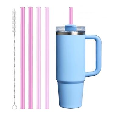 Imagem de 4 canudos Tritan de substituição compatíveis com Stanley Quencher de 850 g, copo copo de 1,134 g, canudos reutilizáveis com 1 escova de limpeza (rosa + rosa vermelha)