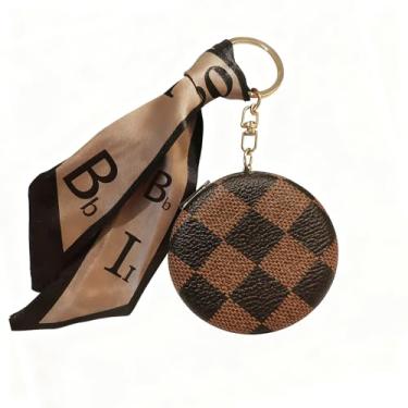 Imagem de Espelho compacto portátil xadrez de luxo com chaveiro de cachecol, espelho de maquiagem dupla face de couro PU, espelho de bolso moderno para mulheres viagens e uso diário (tabuleiro de xadrez marrom)