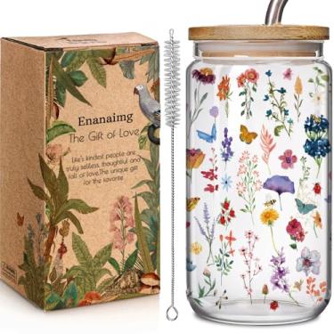 Imagem de Copos de vidro florais estéticos de 473 ml com tampas de bambu e canudos, presente de flores silvestres para mulheres, copo de flor fofa com escovas de limpeza, presentes de flores de Natal para mãe