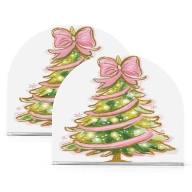 Imagem de ATTX Pacote com 2 porta-guardanapos de Natal de acrílico com design de arco rosa de árvore de Natal - Organizador de mesa decorativo para cozinha, restaurante, decoração de férias de casa #783