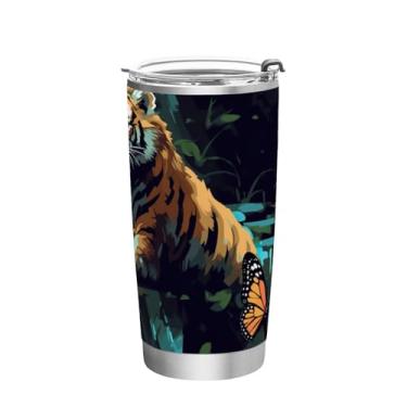 Imagem de Blueangle Copo de 590 ml com tampa e canudo, copo de café com água isolada a vácuo de aço inoxidável, caneca de viagem de tigre borboleta copo térmico para bebidas quentes e frias (242)