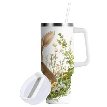 Imagem de Blueangle Copo de coelho fofo de Páscoa de 850 g com alça e tampa de palha, copo isolado reutilizável de aço inoxidável garrafa de água caneca de viagem (579)