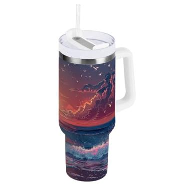 Imagem de Blueangle Copo isolado de 850 g com alça e tampa de canudo - Caneca de viagem de aço inoxidável à prova de vazamento, garrafa de água de ondas de praia a vácuo de parede dupla (120)