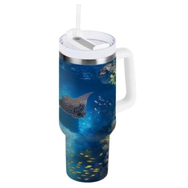 Imagem de Blueangle Copo isolado de 1,134 g com alça e tampa de canudo - Caneca de viagem de aço inoxidável à prova de vazamento, garrafa de água de arraia marítima a vácuo de parede dupla (818)