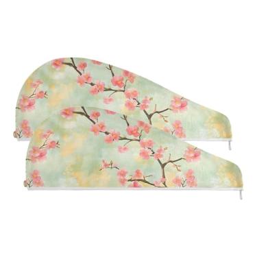 Imagem de SEHANY Toalha de cabelo de microfibra elegante flores verdes para mulheres 2 peças turbantes de cabelo de secagem rápida com botão, touca de cabelo seco absorvente toalha de secagem de cabelo para