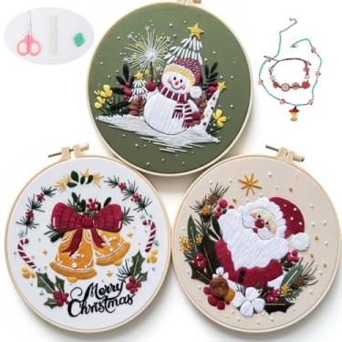 Imagem de Nalexmi 3 conjuntos de kits de bordado de Natal para adultos e iniciantes, ponto cruz com (neve, Papai Noel, padrões de sino) inclui agulhas, fios, ferramentas