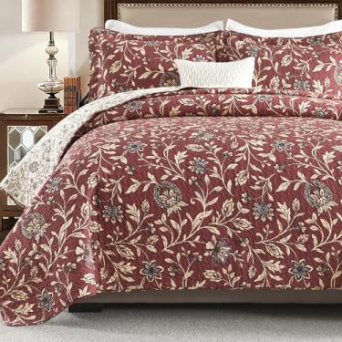 Imagem de DUOHONG Conjunto de colcha 100% algodão king size - edredom acolchoado floral, colcha de cama king botânica reversível, vintage chique e leve para cama king, 3 peças, vermelho/bege