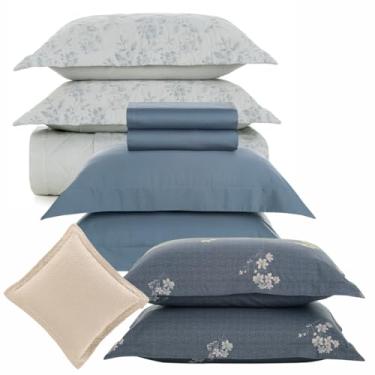Imagem de Kit Colcha + Jogo de Lençol Queen 10 Pçs, 100% Algodão Egípcio, 300 Fios (Ellie Azul)