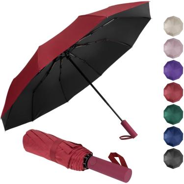 Imagem de Guarda-chuva UV dobrável automático para sol, viagens, guarda-chuva portátil à prova de vento, bolsa de mão, mochila, mala, abertura automática, 10 nervuras, vermelho