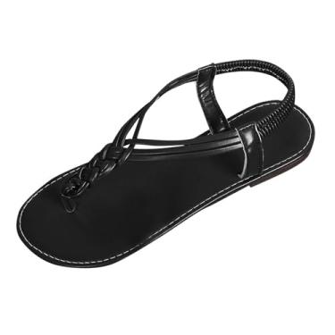 Imagem de Sandálias rasteiras femininas confortáveis para primavera verão casual praia couro sintético, Preto, 35