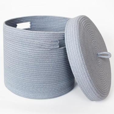 Imagem de WILLITAT Cesta de armazenamento com tampa, cobertor de armazenamento para sala de estar, cesto de corda de algodão macio com tampa, cesto de roupa de vime redondo com capa, caixa de brinquedos para