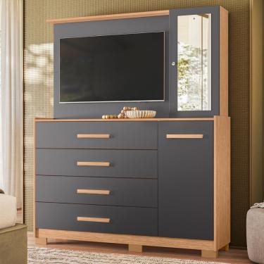 Imagem de Cômoda com Painel para TV até 43 Polegadas 4 Gavetas 2 Portas com Pés e Espelho Ilhabela Albatroz