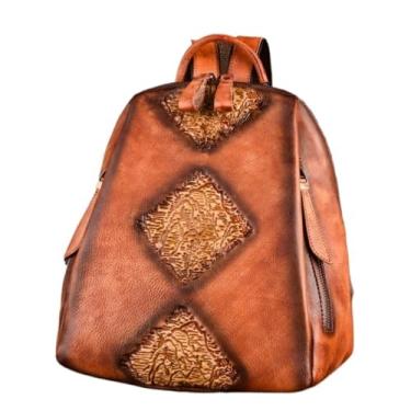 Imagem de Transversal Mochila feminina de couro curtido vegetal – bolsa retrô com vários bolsos e grande capacidade, estilo vintage(Brownish yellow)