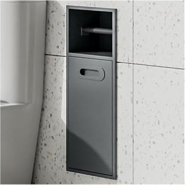 Imagem de Nicho de chuveiro de aço inoxidável com porta removível, suporte de papel higiênico embutido e rack de lixo embutido para banheiro, cozinha, sala de estar - solução de armazenamento de chuveiro cinza