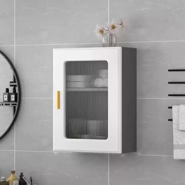 Imagem de Armário de parede moderno para banheiro, suporte de exibição de madeira de 2/3 níveis com porta de vidro, organizador de maquiagem flutuante, armazenamento elegante para cozinha e sala de jantar