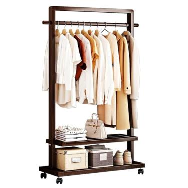 Imagem de Arara de roupas de madeira maciça, rack de roupas portátil com prateleira e rodas, suporte de roupas de chão para pendurar roupas, cabideiro, sapato, prateleiras organizadoras, marrom, 120 cm
