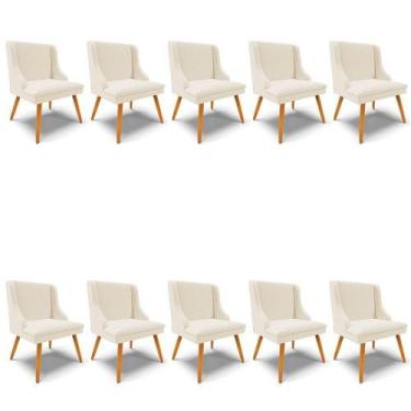 Imagem de Kit 10 Cadeiras Linho Grosso Bege Pés Palito Castanho - DROSSI