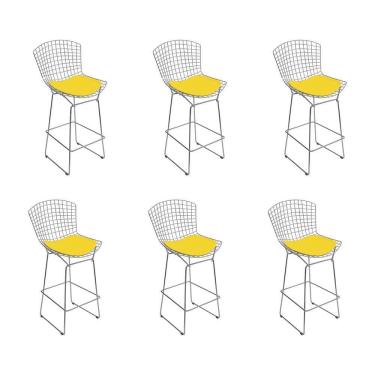Imagem de Kit 6 Banquetas Bistrô Bertoia Cromada D80 Com Assento Sintético Amarelo