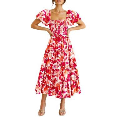 Imagem de Vestido PRETTYGARDEN Floral Vermelho com Mangas Bufantes Midi - M