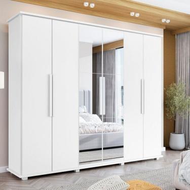 Imagem de Guarda-roupa Casal com Espelho 6 Portas com 4 Gavetas Internas Canadá Branco