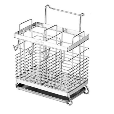 Imagem de Suporte de secagem resistente de utensílios de aço inoxidável 304, suporte de cesta com ganchos, 2 compartimentos, cesta de drenagem, à prova de ferrugem, sem perfuração, ralador de pratos de cozinha, prateleira de secagem